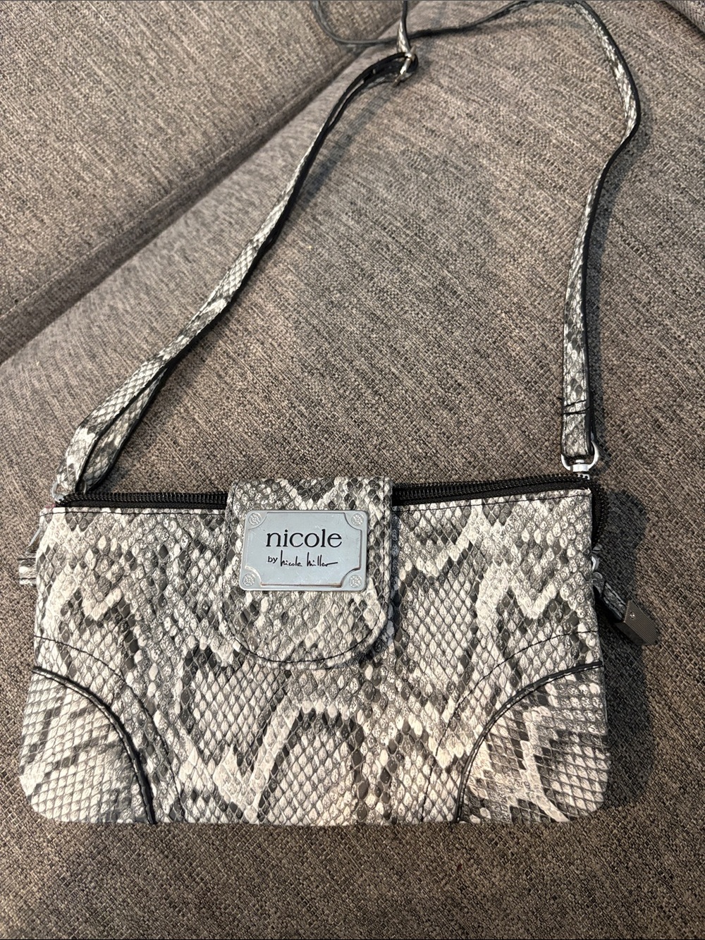 Nicole by Nicole Miller gray snake-print crossbody with logo plaque